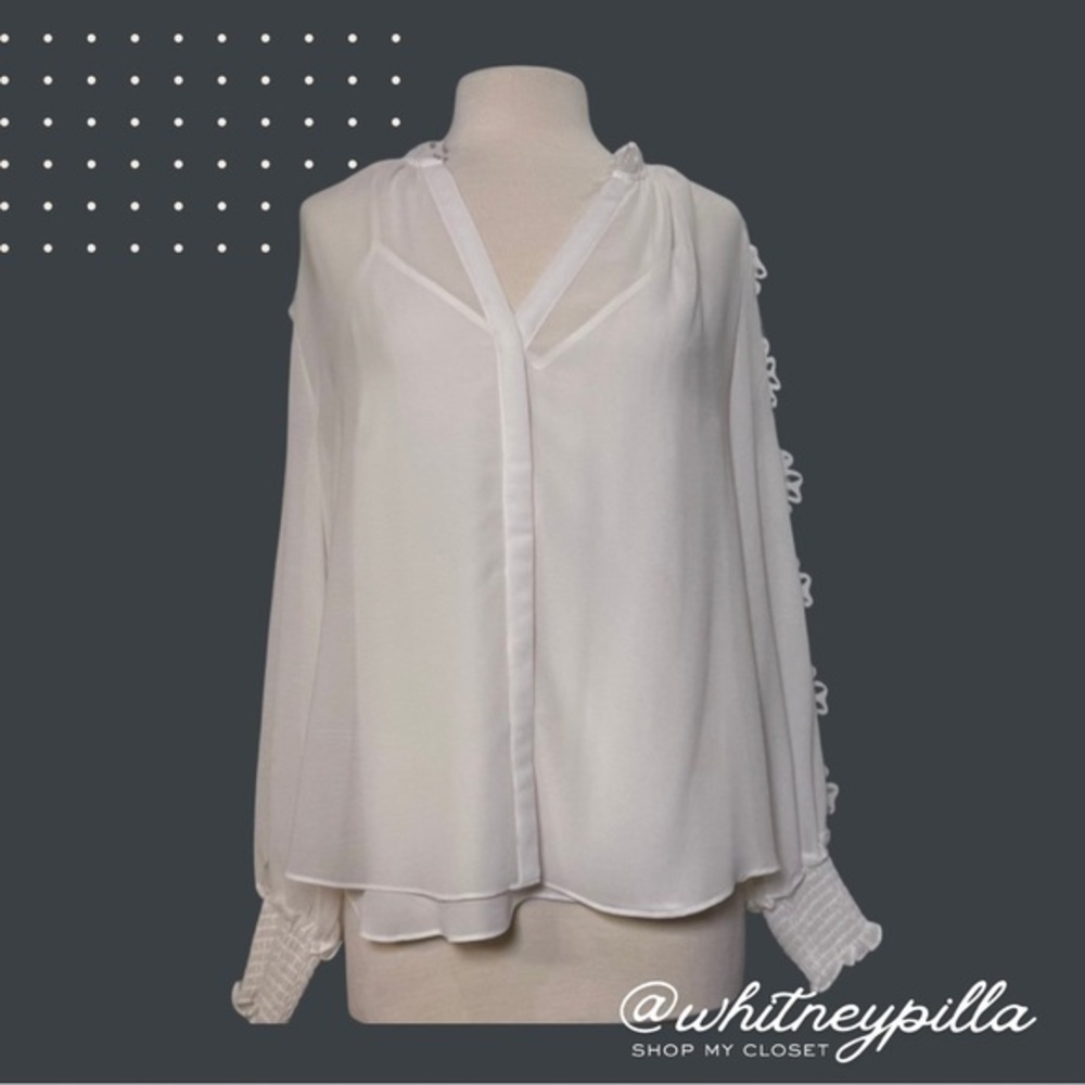 WHBM White Long Sleeve Sheer Ruffle Sleeve Blouse with tank base Women’s Size L